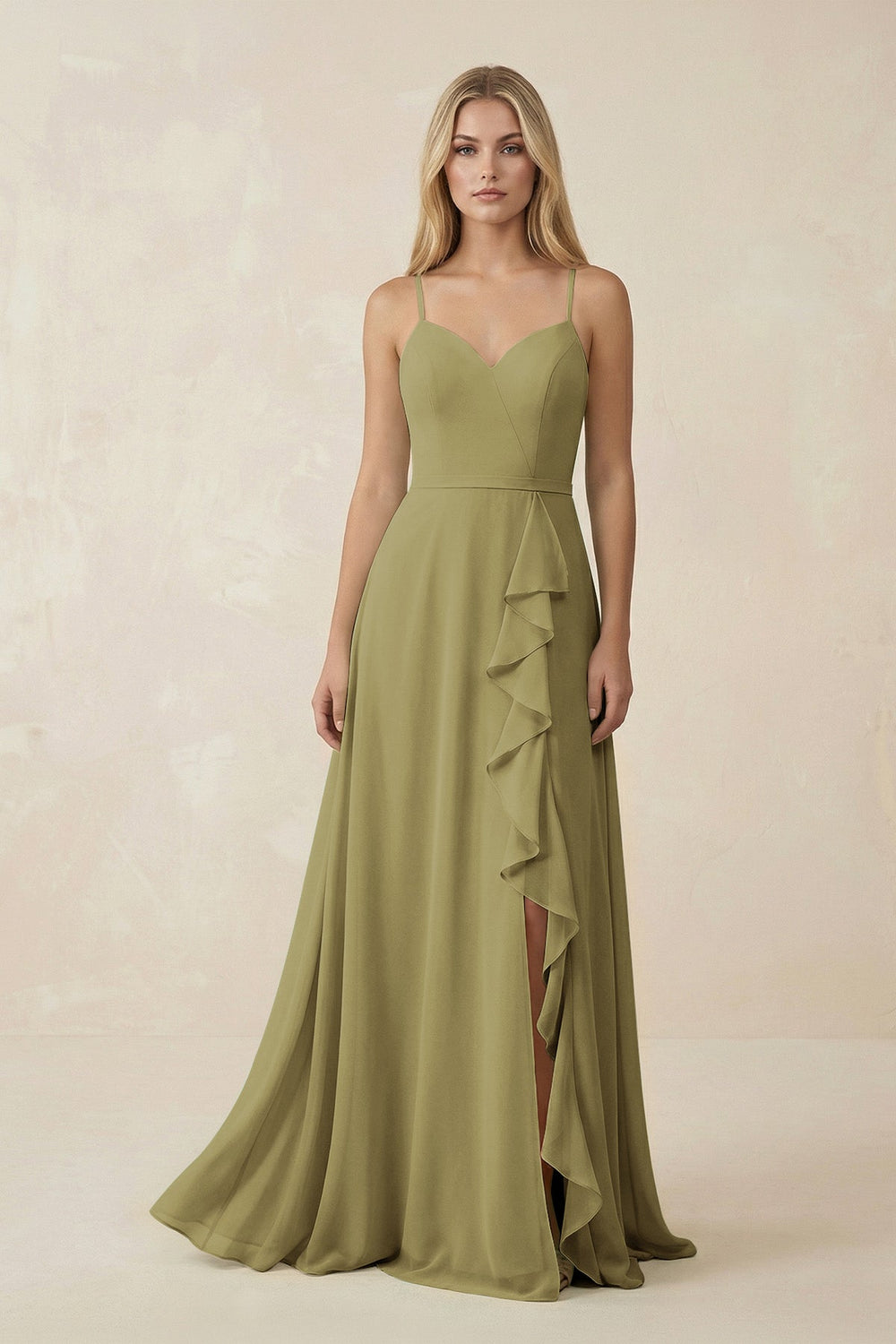 Ruffled Hem A-Line Chiffon Bridesmaid Dress in Moss Green