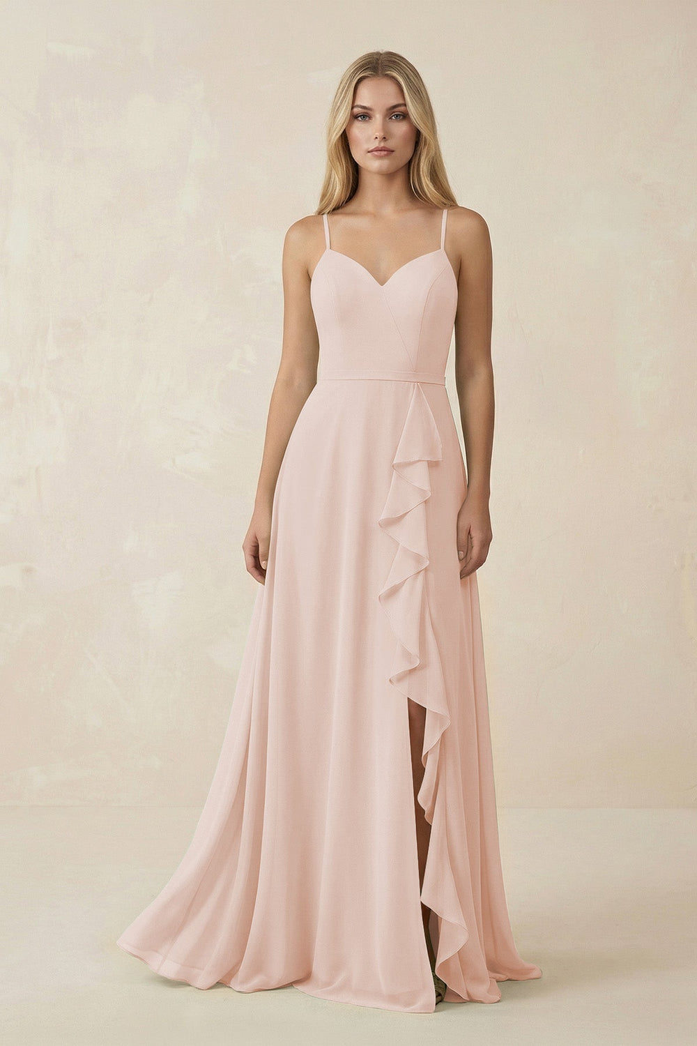 Ruffled Hem A-Line Chiffon Bridesmaid Dress in Pale Blush