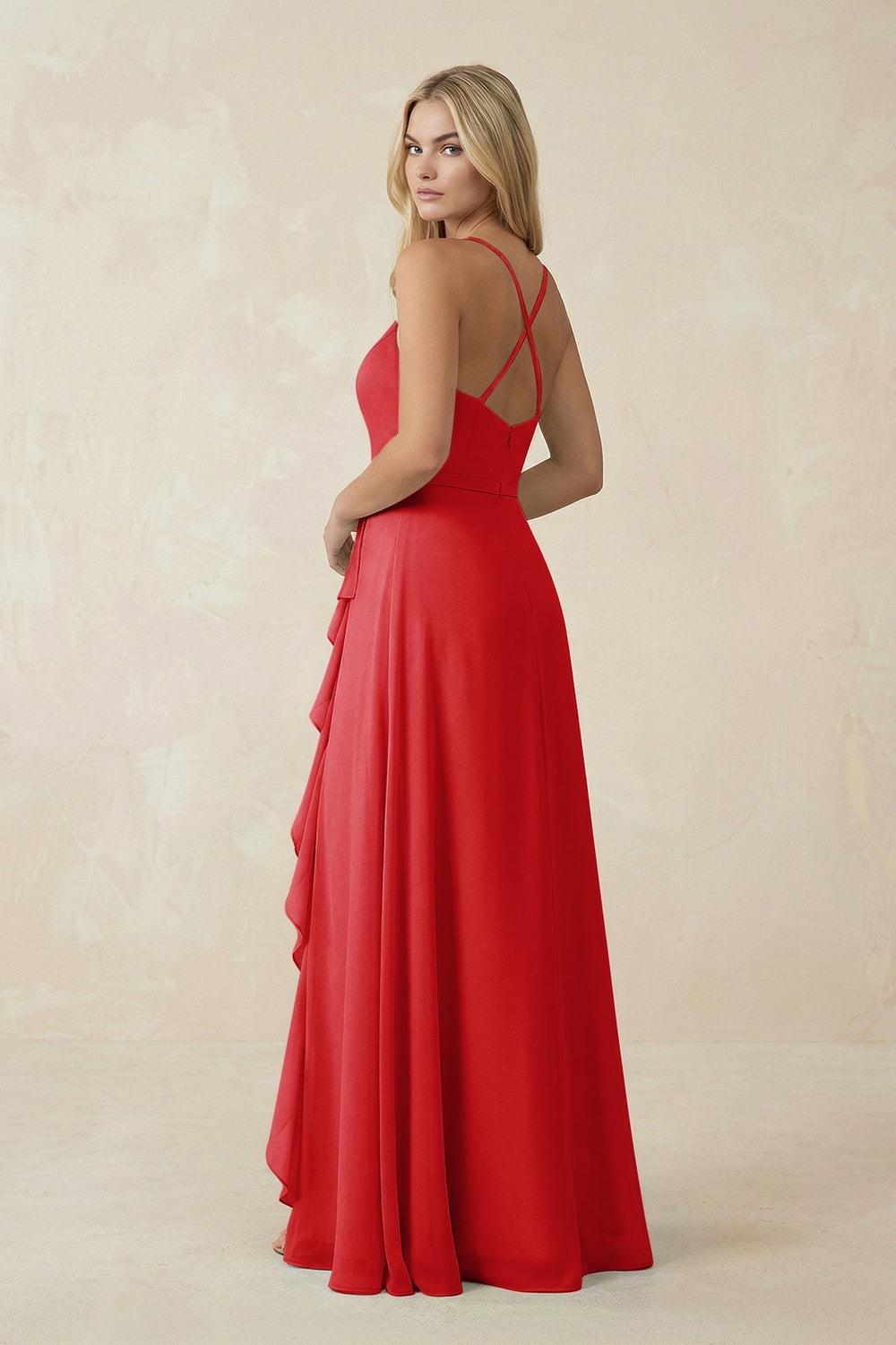 Ruffled Hem A-Line Chiffon Bridesmaid Dress in Ruby Red