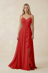 Ruffled Hem A-Line Chiffon Bridesmaid Dress in Ruby Red - KISS BRIDAL BRIDESMAID DRESSES