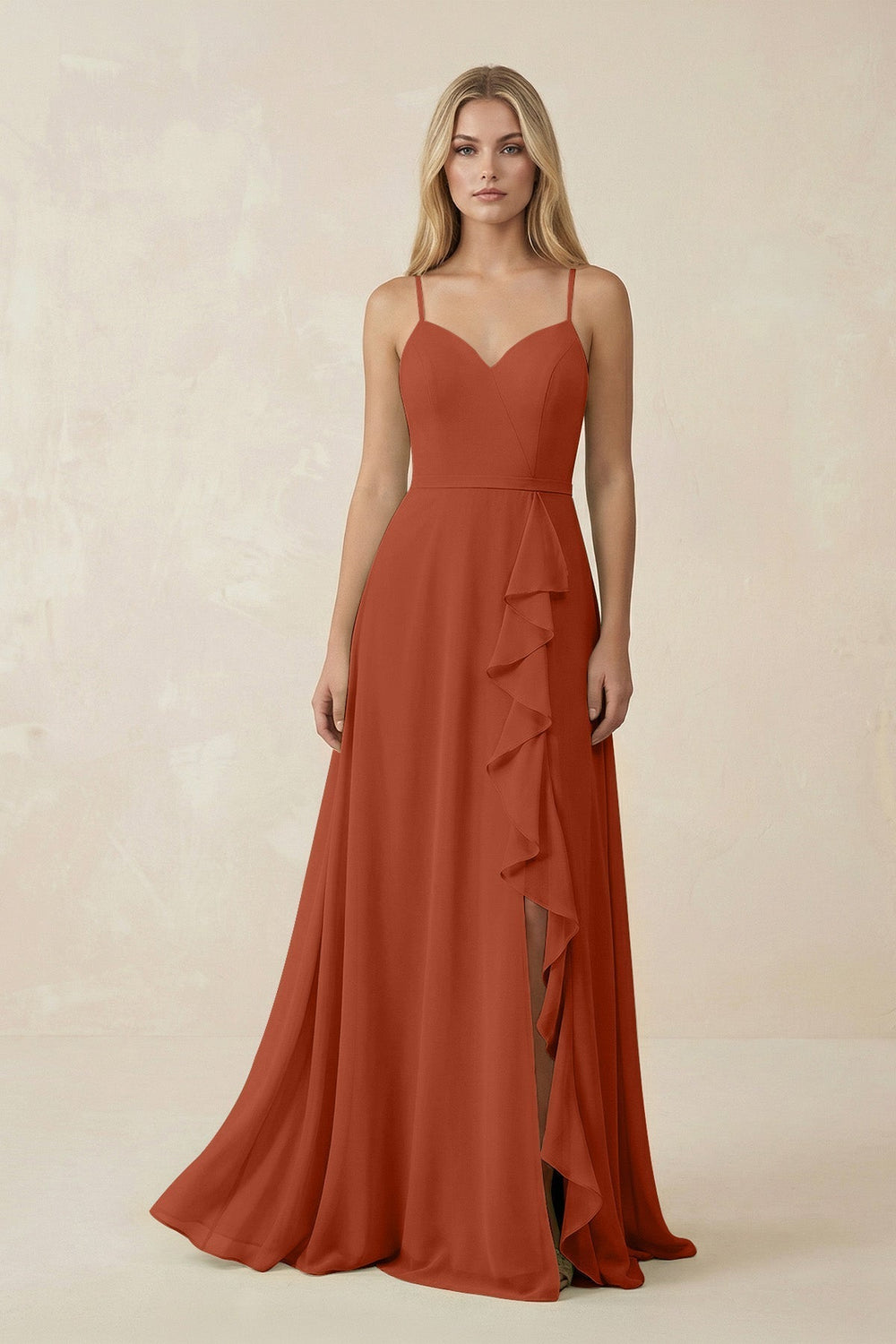 Ruffled Hem A-Line Chiffon Bridesmaid Dress in Spice
