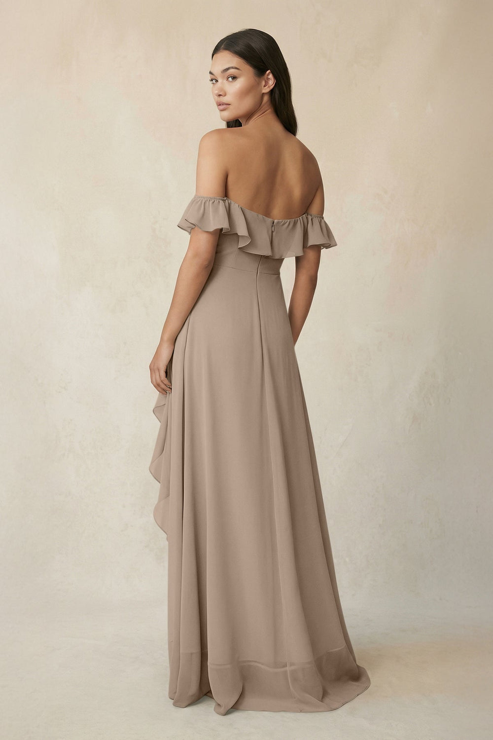 Ruffled Off-the-Shoulder A-Line Chiffon Bridesmaid Dress in Almond