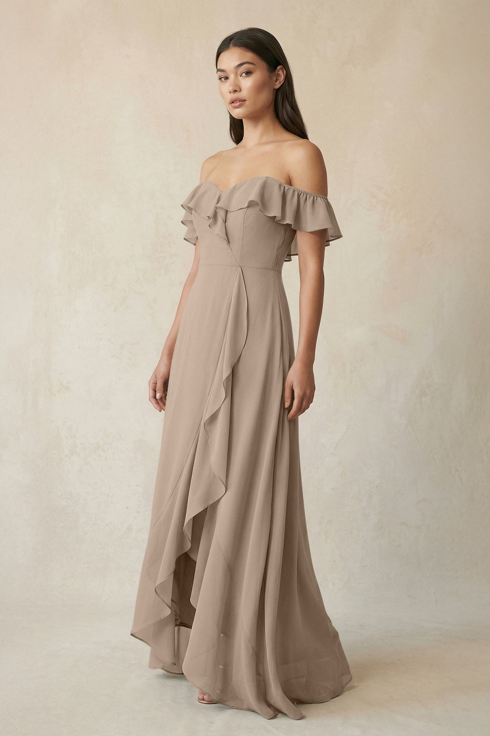 Ruffled Off-the-Shoulder A-Line Chiffon Bridesmaid Dress in Almond