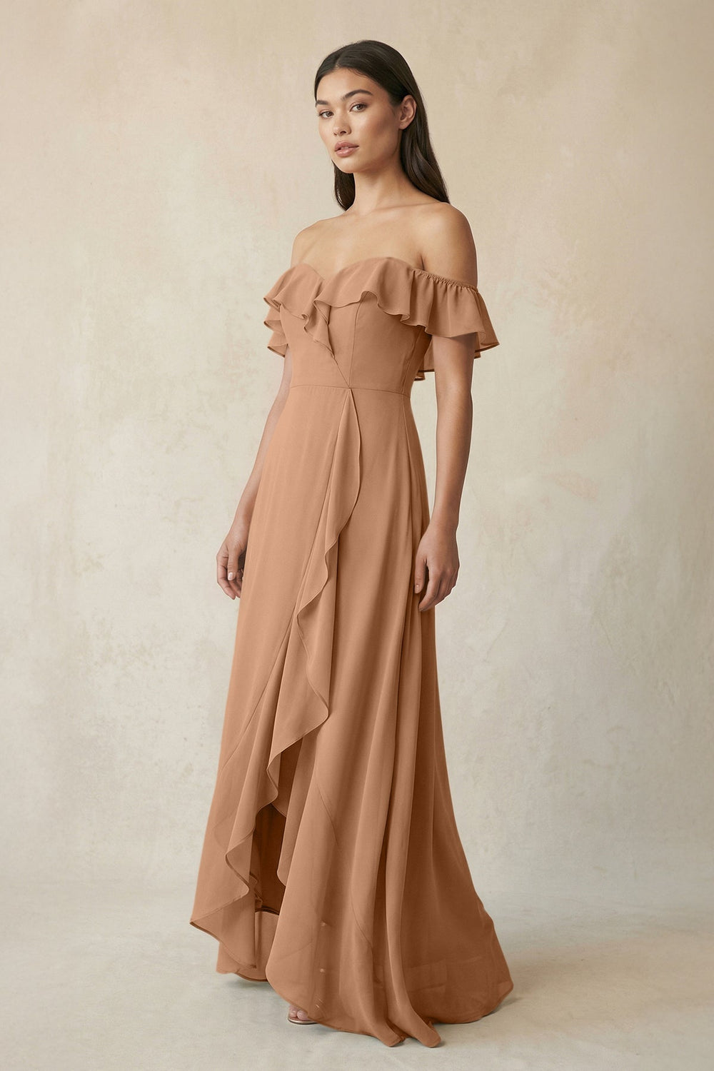 Ruffled Off-the-Shoulder A-Line Chiffon Bridesmaid Dress in Bronzer
