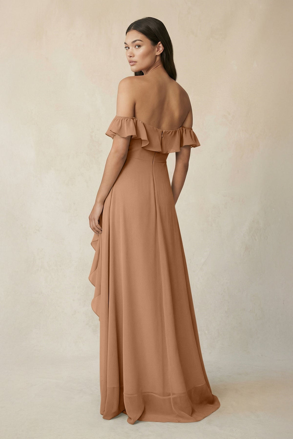Ruffled Off-the-Shoulder A-Line Chiffon Bridesmaid Dress in Bronzer