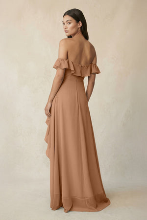 Ruffled Off-the-Shoulder A-Line Chiffon Bridesmaid Dress in Bronzer - KISS BRIDAL BRIDESMAID DRESSES