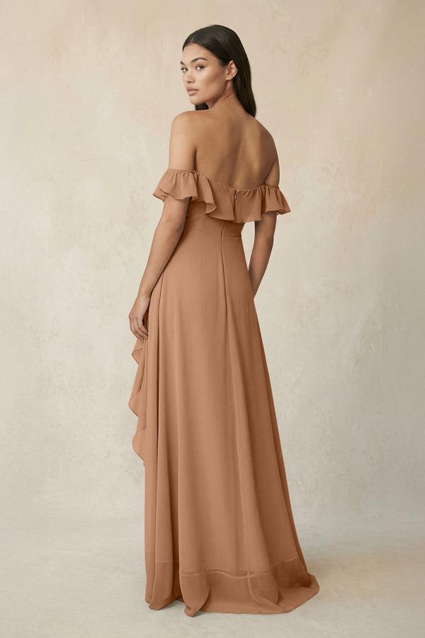 Ruffled Off-the-Shoulder A-Line Chiffon Bridesmaid Dress in Bronzer - KISS BRIDAL BRIDESMAID DRESSES