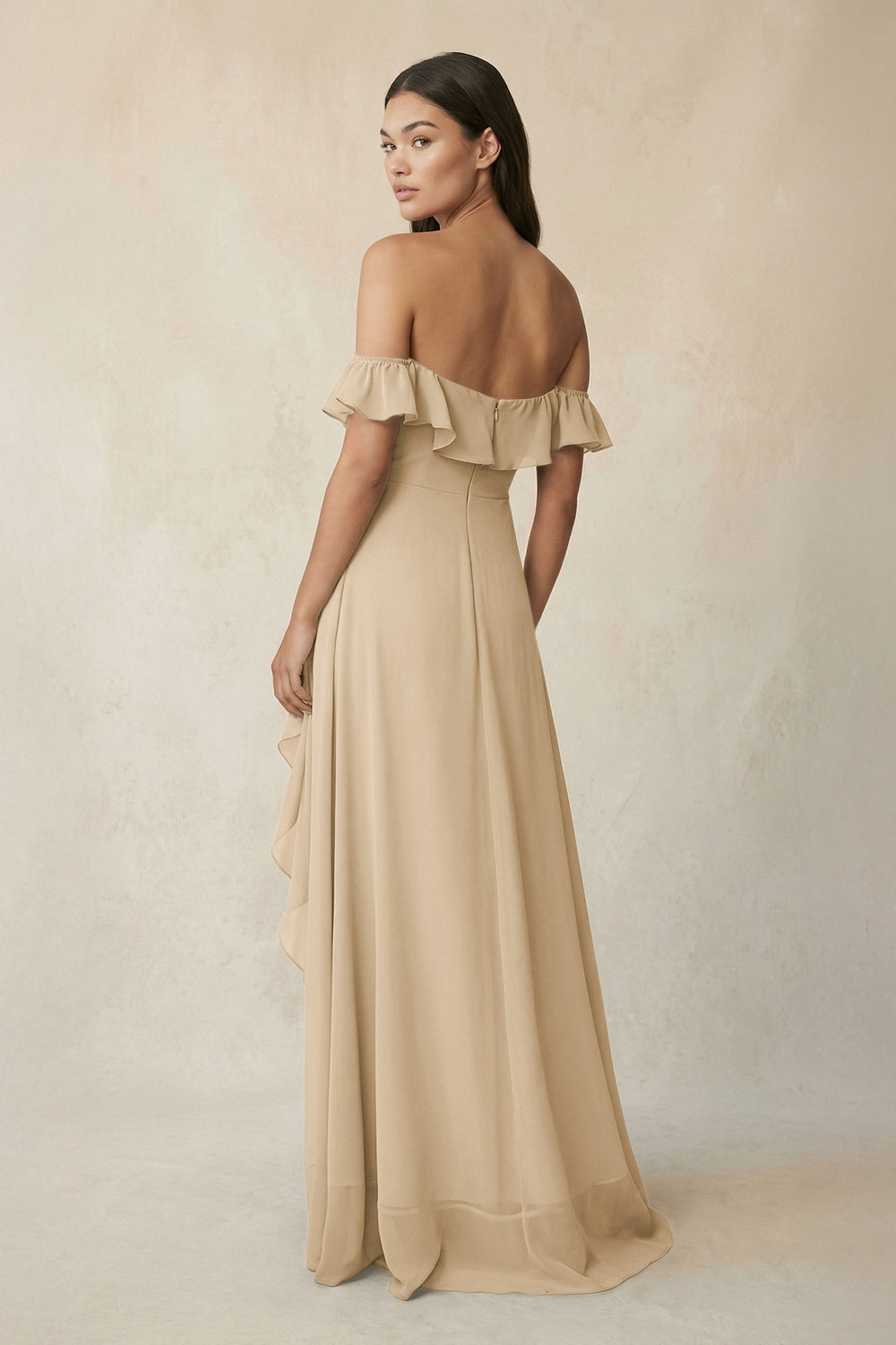 Ruffled Off-the-Shoulder A-Line Chiffon Bridesmaid Dress in Champagne