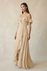Ruffled Off-the-Shoulder A-Line Chiffon Bridesmaid Dress in Champagne | KISSBRIDAL