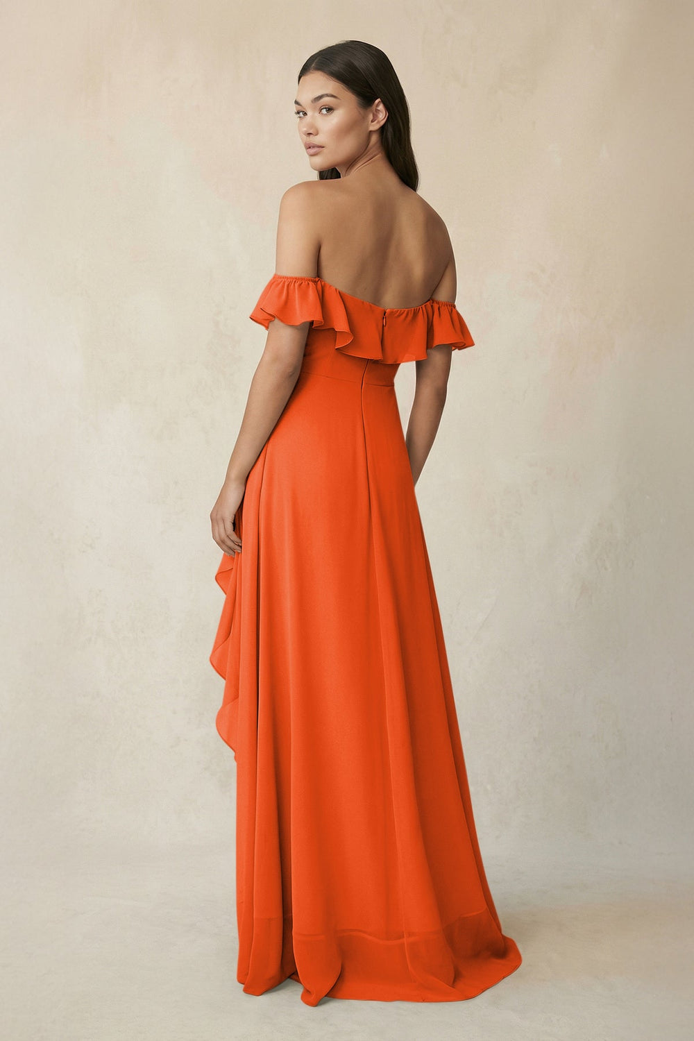 Ruffled Off-the-Shoulder A-Line Chiffon Bridesmaid Dress in Cinnamon