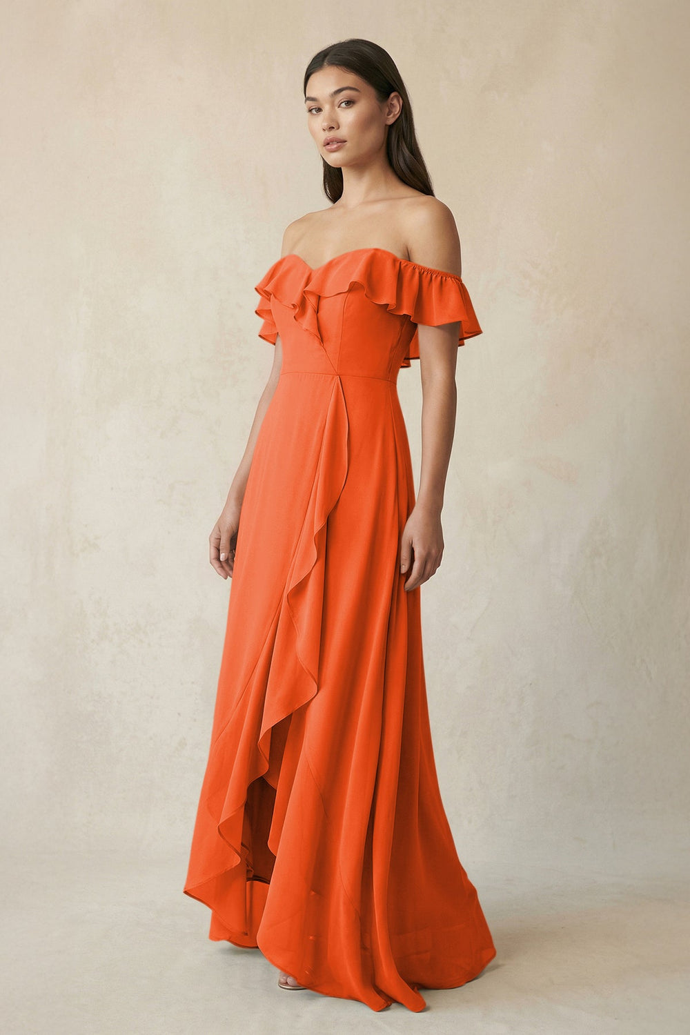 Ruffled Off-the-Shoulder A-Line Chiffon Bridesmaid Dress in Cinnamon