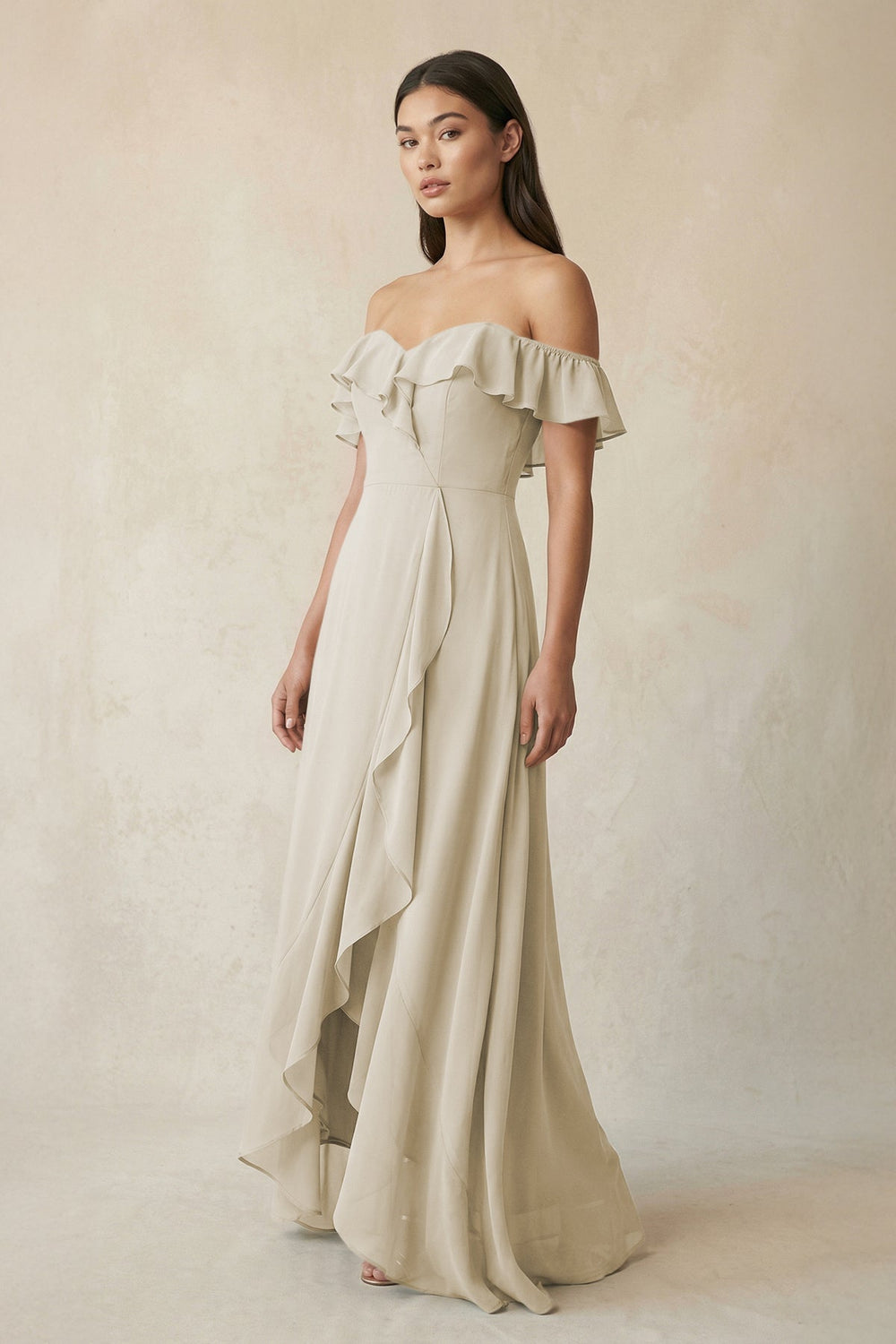 Ruffled Off-the-Shoulder A-Line Chiffon Bridesmaid Dress in Dove Gray