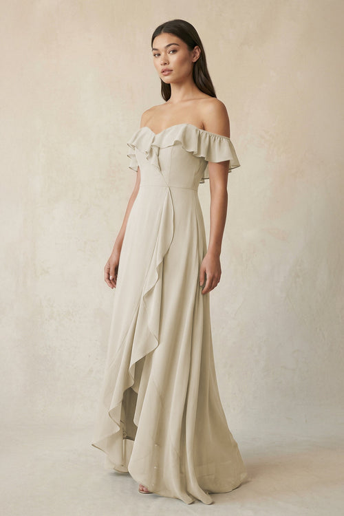 Ruffled Off-the-Shoulder A-Line Chiffon Bridesmaid Dress in Dove Gray - KISS BRIDAL BRIDESMAID DRESSES