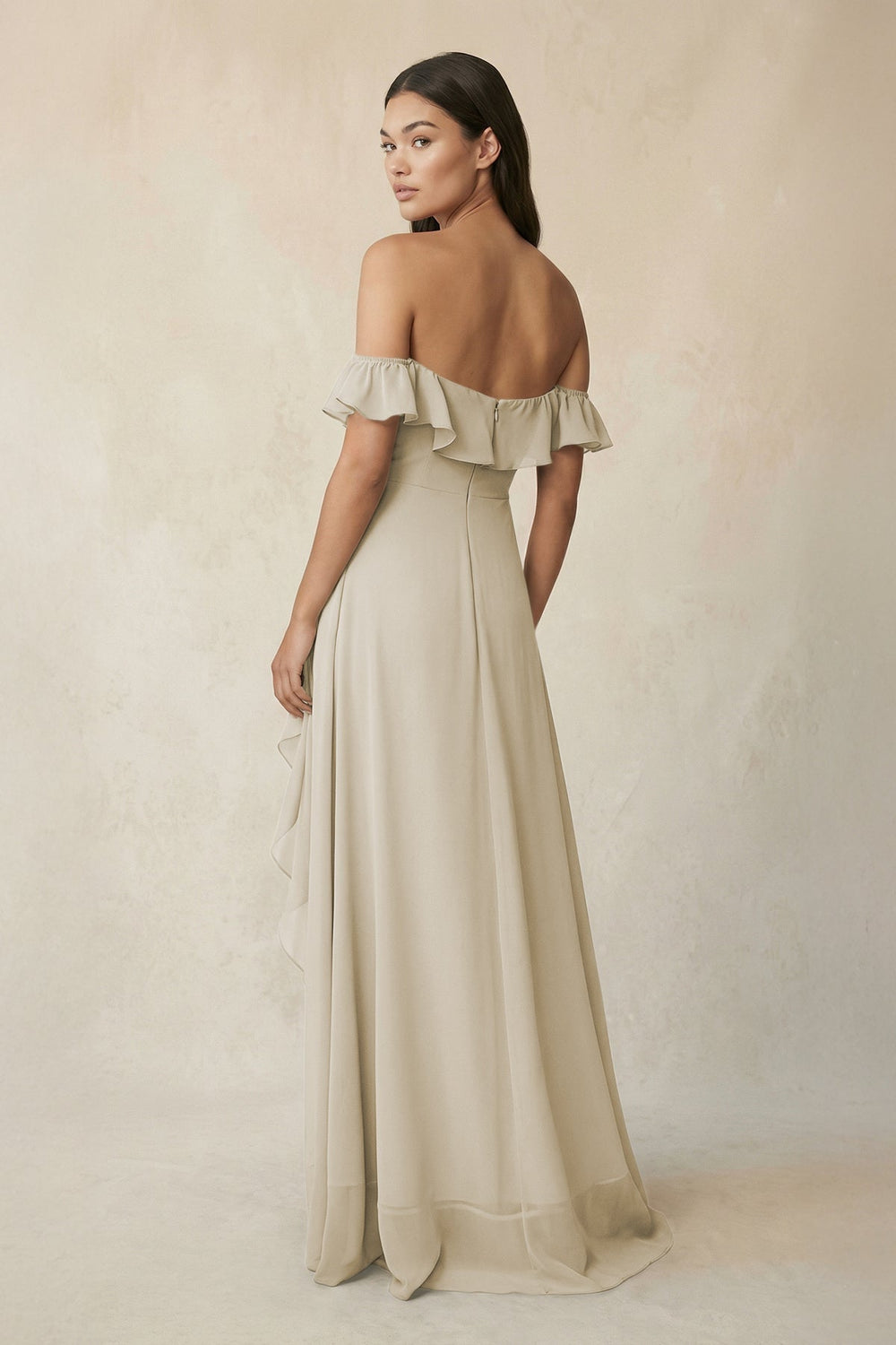 Ruffled Off-the-Shoulder A-Line Chiffon Bridesmaid Dress in Dove Gray