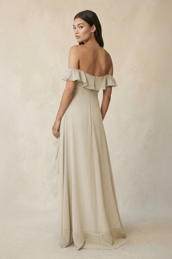 Ruffled Off-the-Shoulder A-Line Chiffon Bridesmaid Dress in Dove Gray - KISS BRIDAL BRIDESMAID DRESSES