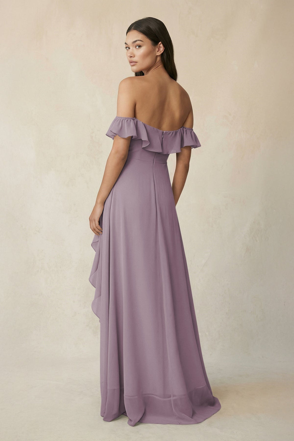 Ruffled Off-the-Shoulder A-Line Chiffon Bridesmaid Dress in Dusk