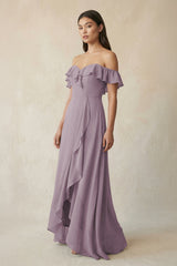 Ruffled Off-the-Shoulder A-Line Chiffon Bridesmaid Dress in Dusk | KISSBRIDAL