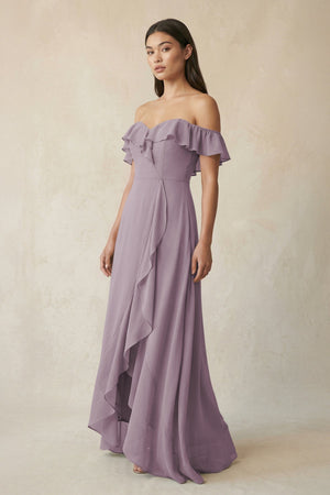 Ruffled Off-the-Shoulder A-Line Chiffon Bridesmaid Dress in Dusk | KISSBRIDAL