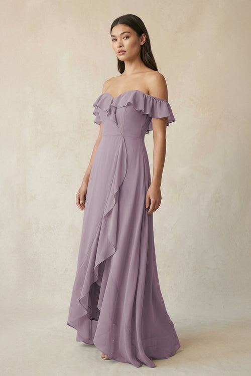 Ruffled Off-the-Shoulder A-Line Chiffon Bridesmaid Dress in Dusk | KISSBRIDAL