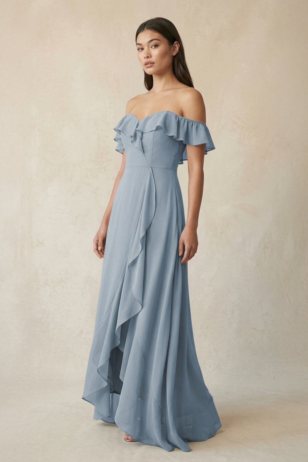 Ruffled Off-the-Shoulder A-Line Chiffon Bridesmaid Dress in Dusty Blue