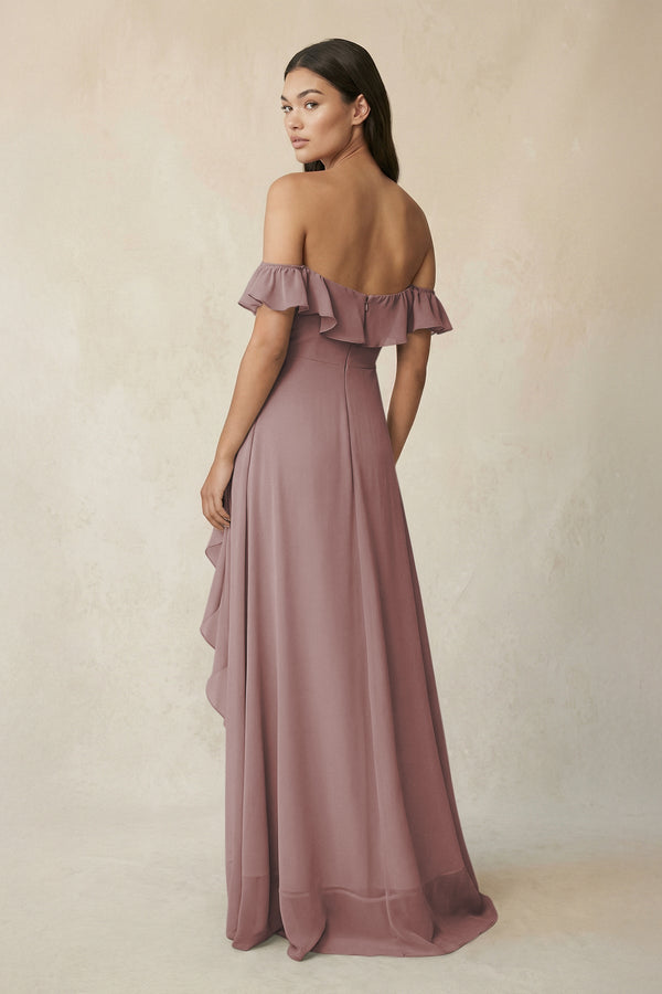 Ruffled Off-the-Shoulder A-Line Chiffon Bridesmaid Dress in Dusty Rose (2) | KISSBRIDAL