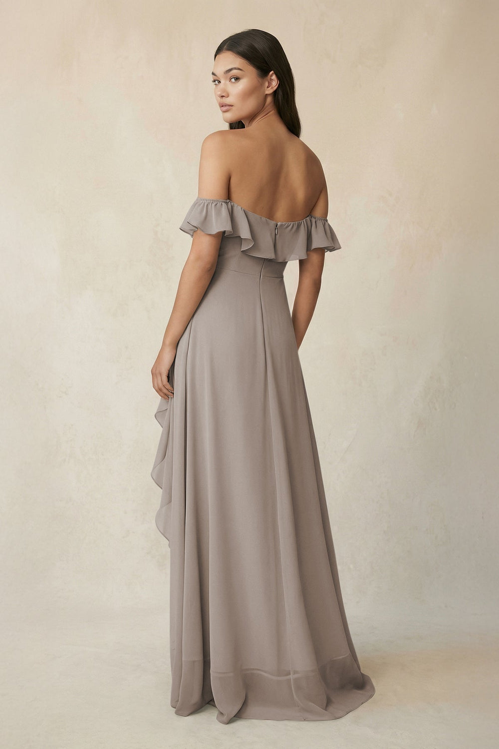Ruffled Off-the-Shoulder A-Line Chiffon Bridesmaid Dress in Frost