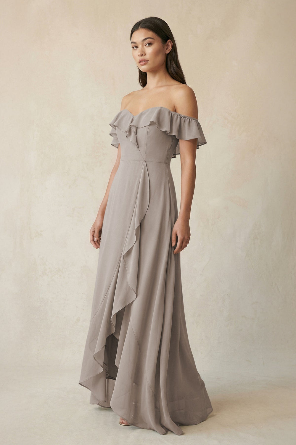 Ruffled Off-the-Shoulder A-Line Chiffon Bridesmaid Dress in Frost