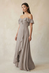 Ruffled Off-the-Shoulder A-Line Chiffon Bridesmaid Dress in Frost | KISSBRIDAL