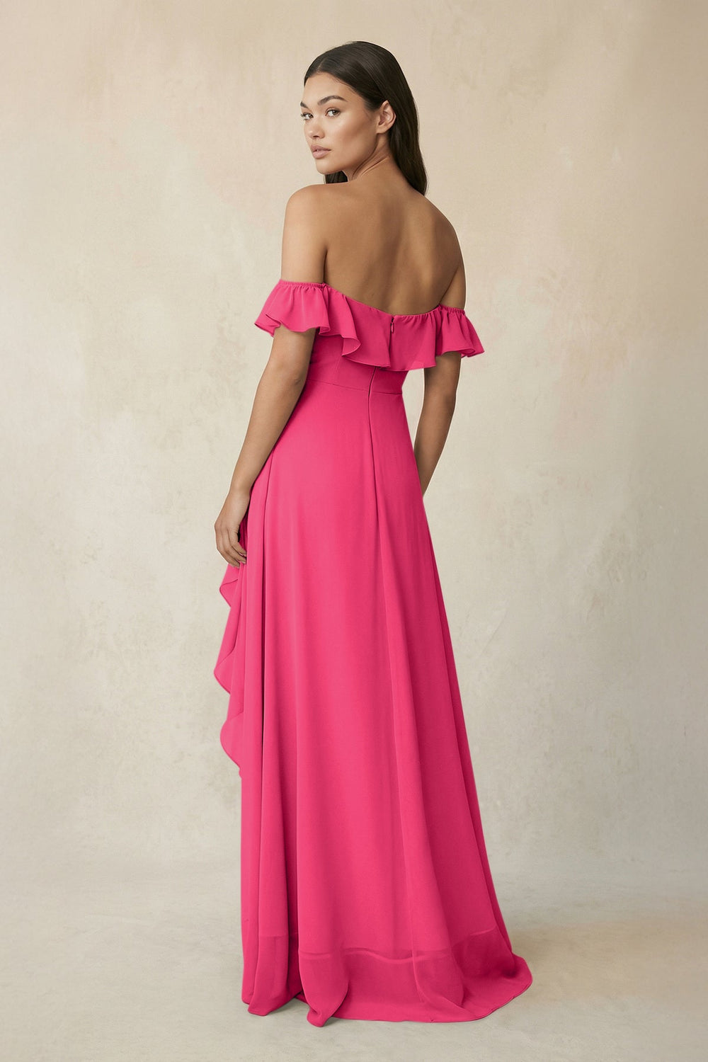 Ruffled Off-the-Shoulder A-Line Chiffon Bridesmaid Dress in Fuchsia
