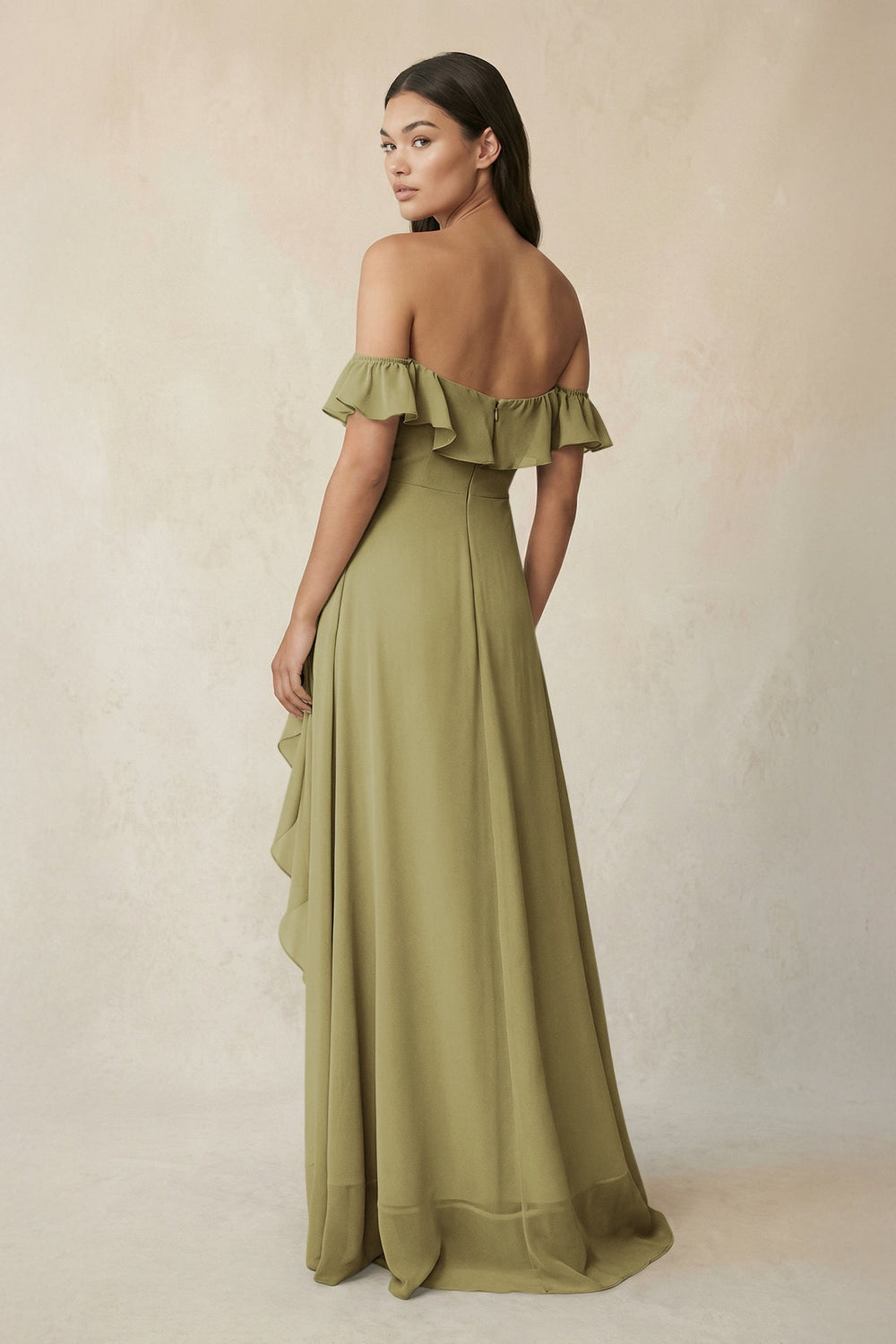 Ruffled Off-the-Shoulder A-Line Chiffon Bridesmaid Dress in Moss Green