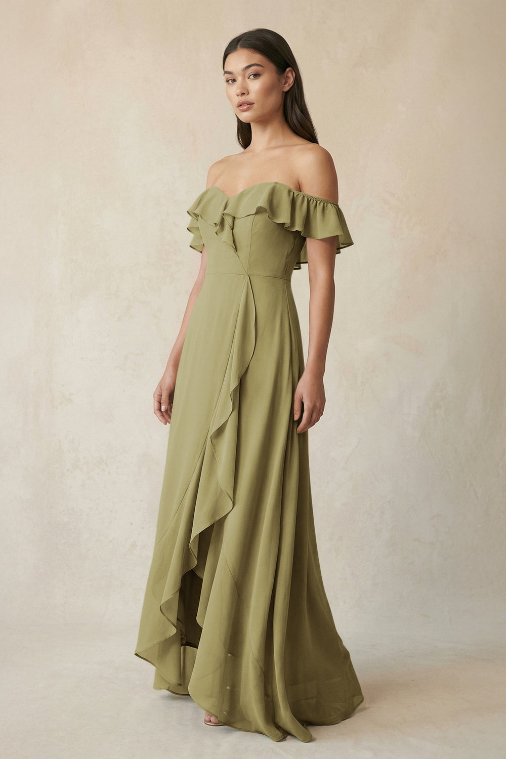 Ruffled Off-the-Shoulder A-Line Chiffon Bridesmaid Dress in Moss Green