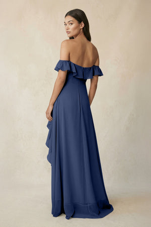 Ruffled Off-the-Shoulder A-Line Chiffon Bridesmaid Dress in Navy - KISS BRIDAL BRIDESMAID DRESSES