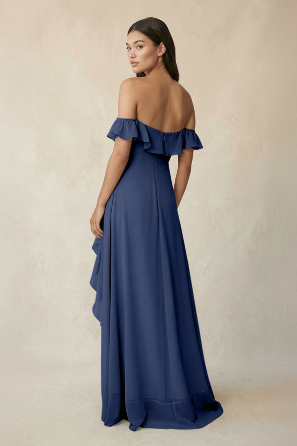 Ruffled Off-the-Shoulder A-Line Chiffon Bridesmaid Dress in Navy - KISS BRIDAL BRIDESMAID DRESSES