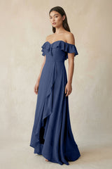 Ruffled Off-the-Shoulder A-Line Chiffon Bridesmaid Dress in Navy - KISS BRIDAL BRIDESMAID DRESSES