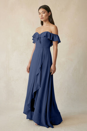 Ruffled Off-the-Shoulder A-Line Chiffon Bridesmaid Dress in Navy - KISS BRIDAL BRIDESMAID DRESSES