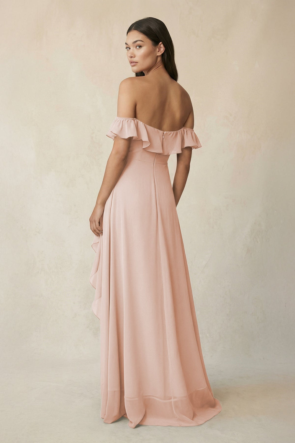 Ruffled Off-the-Shoulder A-Line Chiffon Bridesmaid Dress in Pale Blush