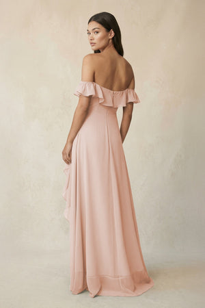 Ruffled Off-the-Shoulder A-Line Chiffon Bridesmaid Dress in Pale Blush - KISS BRIDAL BRIDESMAID DRESSES