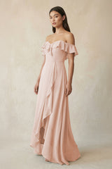 Ruffled Off-the-Shoulder A-Line Chiffon Bridesmaid Dress in Pale Blush - KISS BRIDAL BRIDESMAID DRESSES