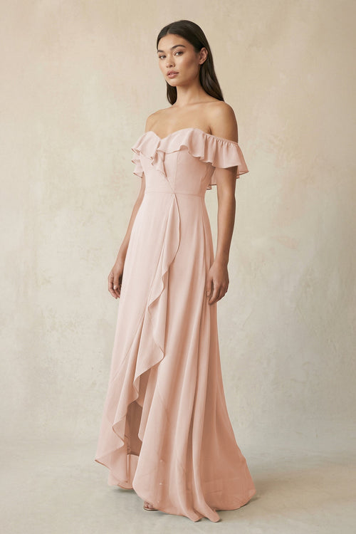 Ruffled Off-the-Shoulder A-Line Chiffon Bridesmaid Dress in Pale Blush - KISS BRIDAL BRIDESMAID DRESSES