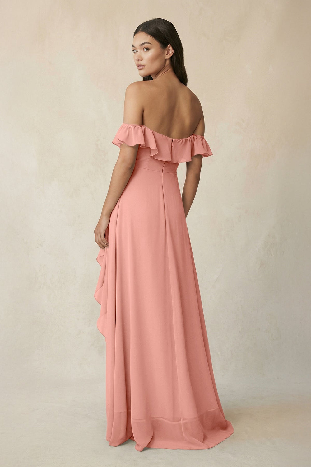Ruffled Off-the-Shoulder A-Line Chiffon Bridesmaid Dress in Rosette