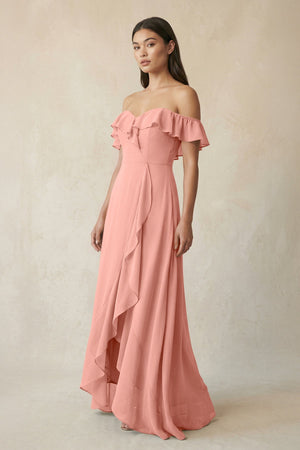 Ruffled Off-the-Shoulder A-Line Chiffon Bridesmaid Dress in Rosette | KISSBRIDAL