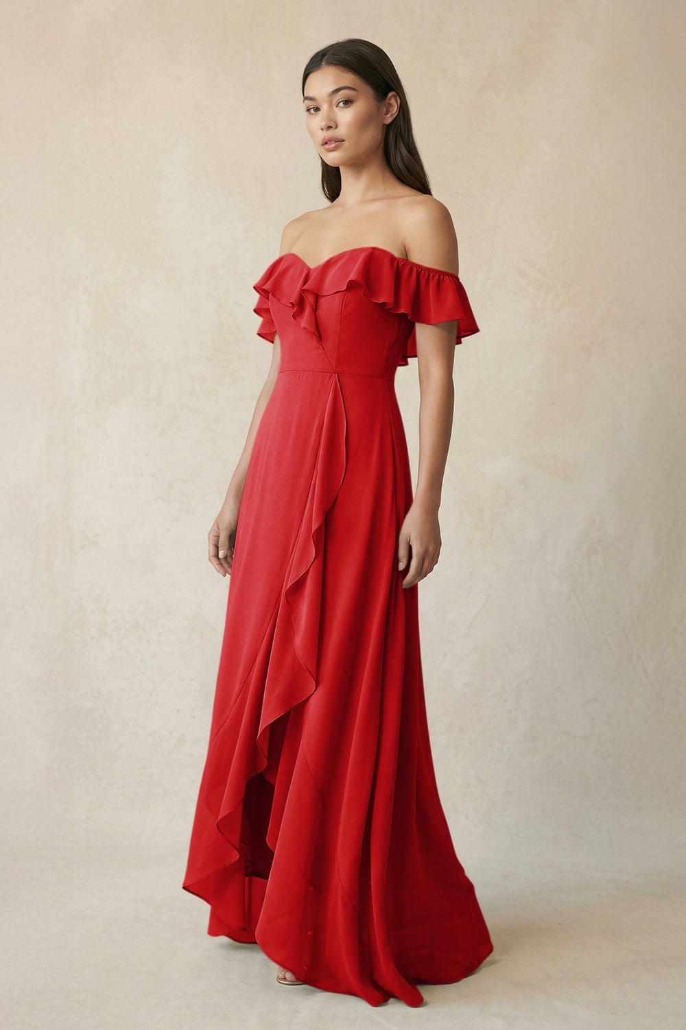 Ruffled Off-the-Shoulder A-Line Chiffon Bridesmaid Dress in Ruby Red