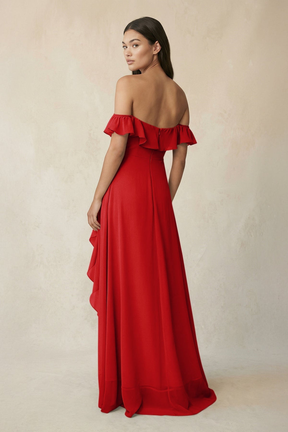 Ruffled Off-the-Shoulder A-Line Chiffon Bridesmaid Dress in Ruby Red