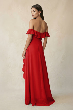 Ruffled Off-the-Shoulder A-Line Chiffon Bridesmaid Dress in Ruby Red - KISS BRIDAL BRIDESMAID DRESSES