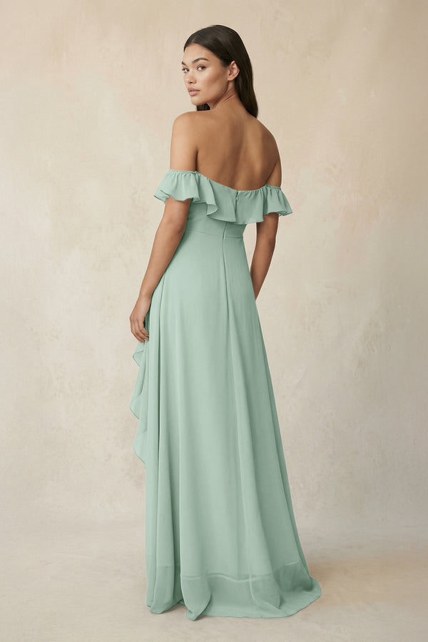 Ruffled Off-the-Shoulder A-Line Chiffon Bridesmaid Dress in Sage (2) | KISSBRIDAL
