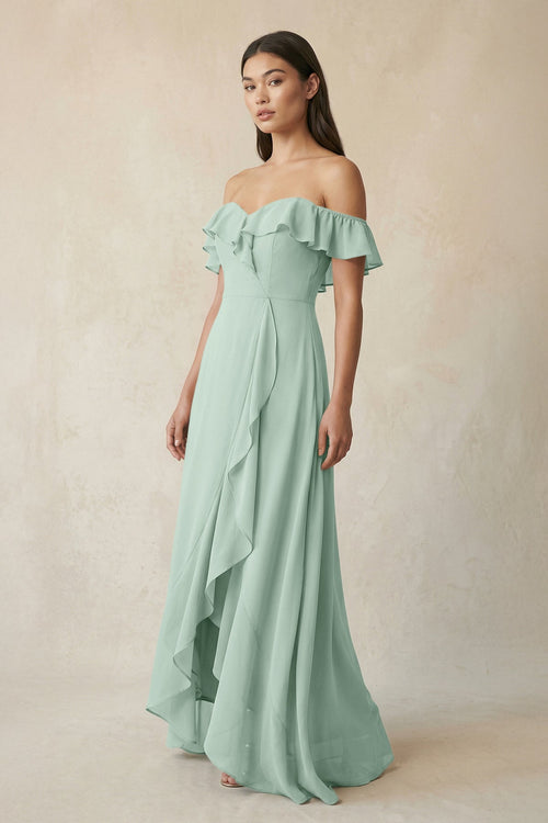 Ruffled Off-the-Shoulder A-Line Chiffon Bridesmaid Dress in Sage | KISSBRIDAL