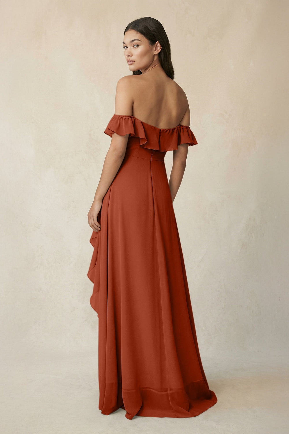 Ruffled Off-the-Shoulder A-Line Chiffon Bridesmaid Dress in Spice