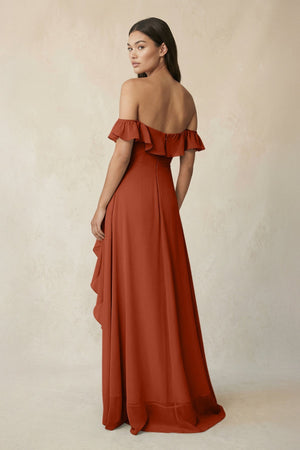 Ruffled Off-the-Shoulder A-Line Chiffon Bridesmaid Dress in Spice - KISS BRIDAL BRIDESMAID DRESSES