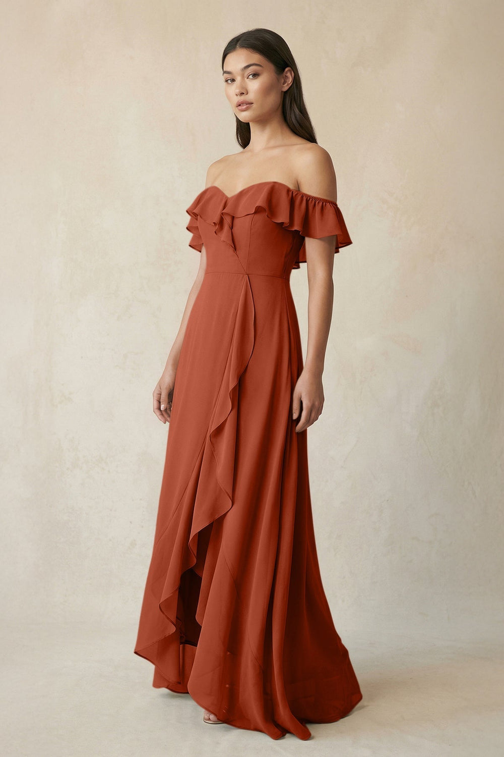 Ruffled Off-the-Shoulder A-Line Chiffon Bridesmaid Dress in Spice