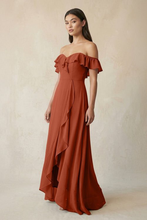 Ruffled Off-the-Shoulder A-Line Chiffon Bridesmaid Dress in Spice - KISS BRIDAL BRIDESMAID DRESSES